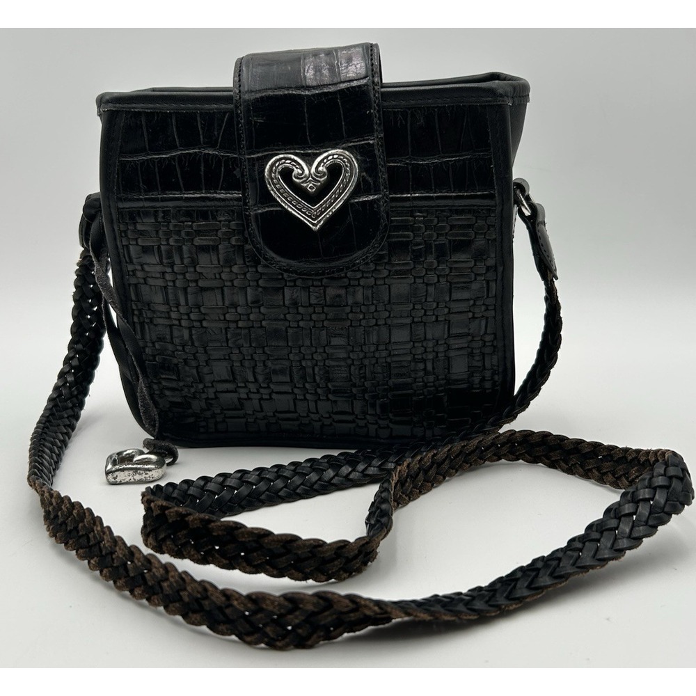 Brighton Little Gloria Vintage Black/Brown Croc Embossed Woven Crossbody Bag